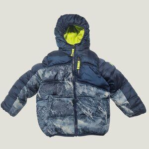 Snozu Kids Hooded Puffer Jacket Blue & Neon Green Fleece-Lined Winter Coat 4T